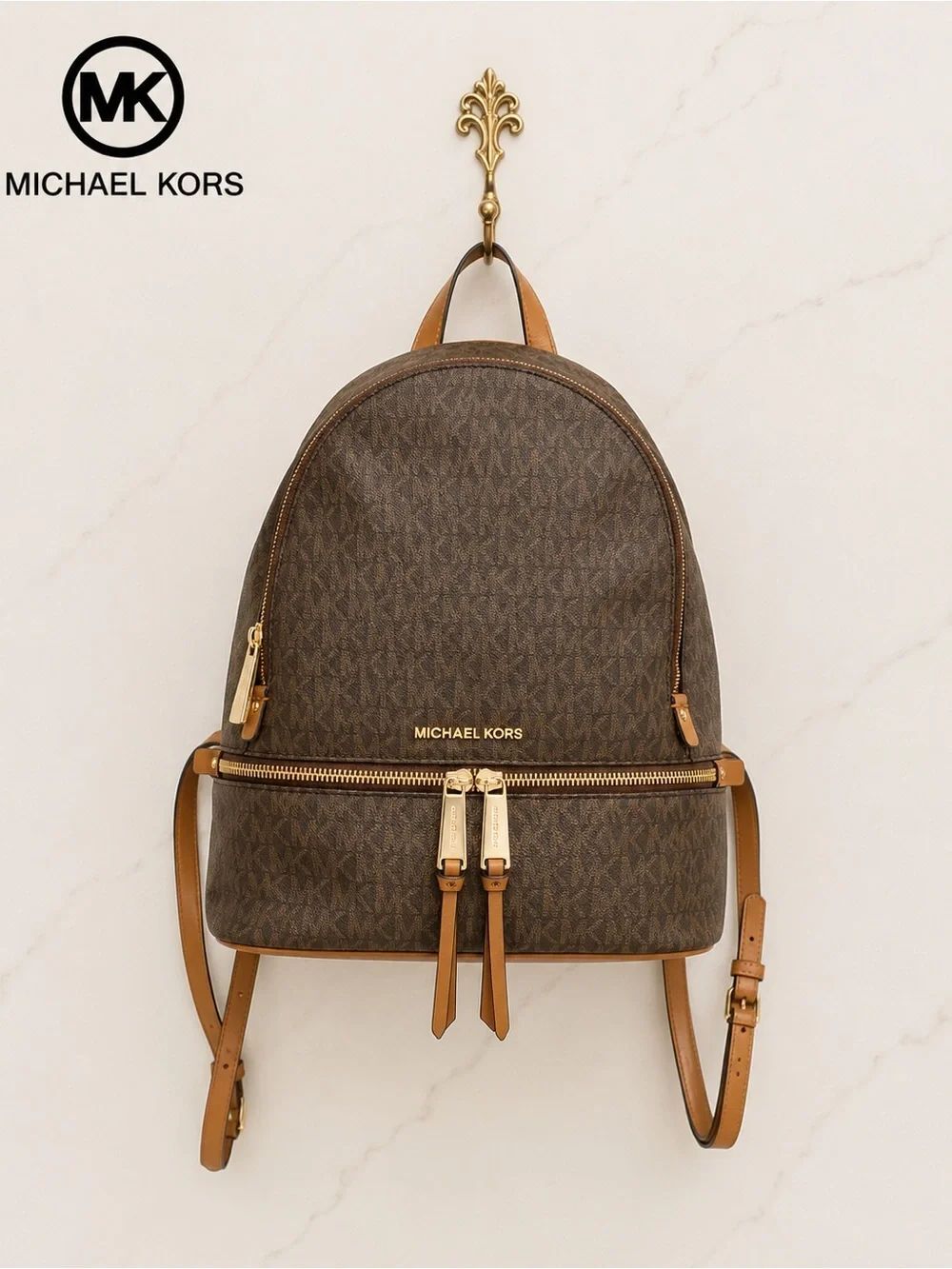 Michael Kors Brown MK Signature Logo Backpack Tan Gold Hardware